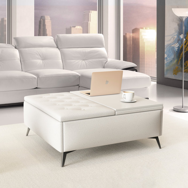 Table basse de 35 pouces avec bancs de rangement carrés et beige, Plateau blanc / base noire