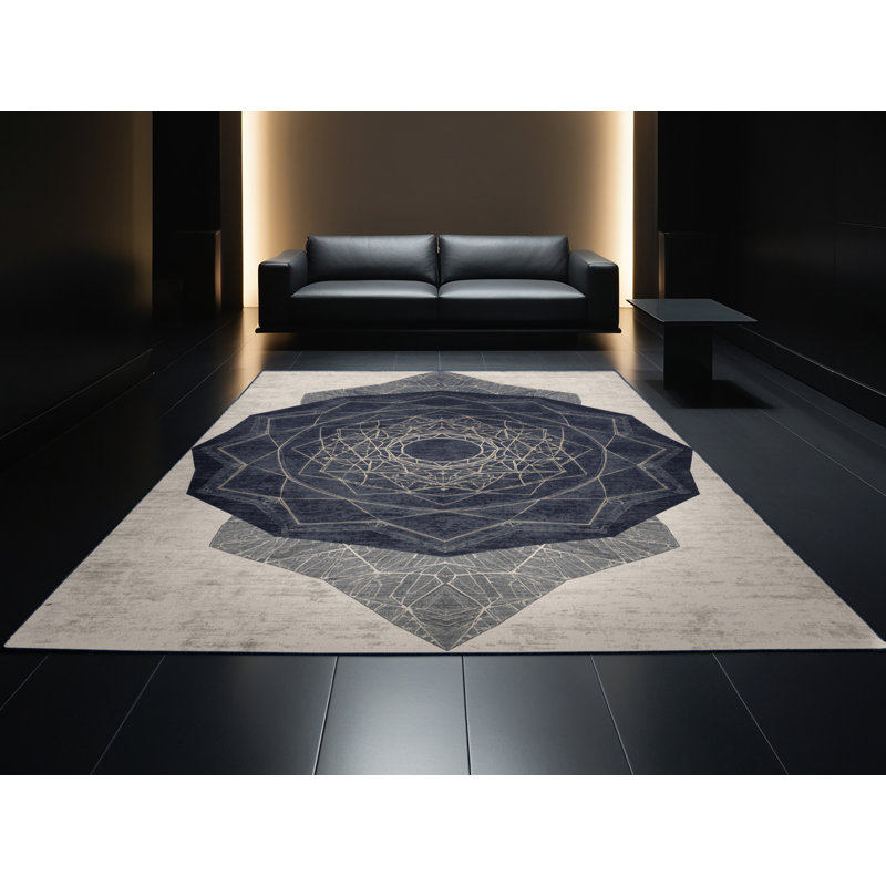Tapis géométrique d'inspiration mondiale Mandala lavable à la machine en gris - reliure marine, 8 x 12
