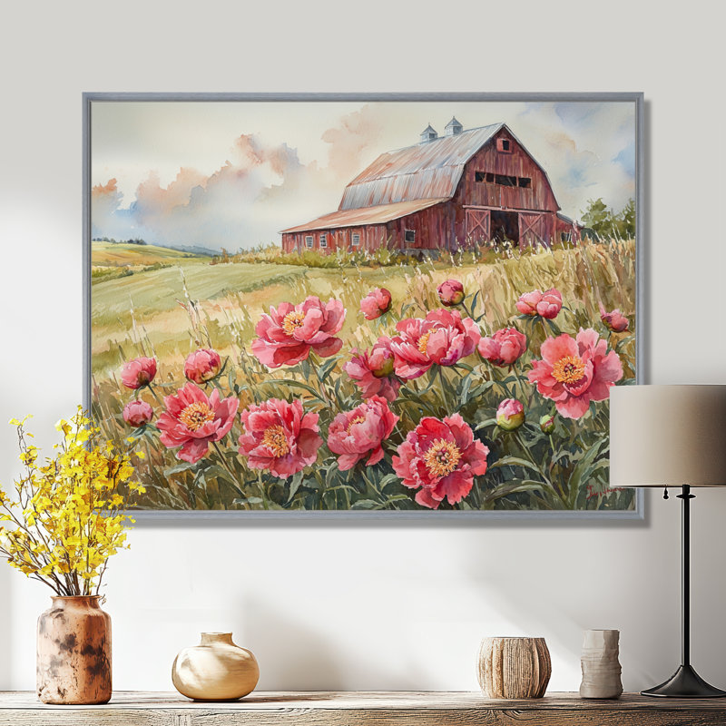 Doffin pivoines dans la brise de basse-cour VI - pivoines, art mural, Argent argent, H 12 po x l 20 po