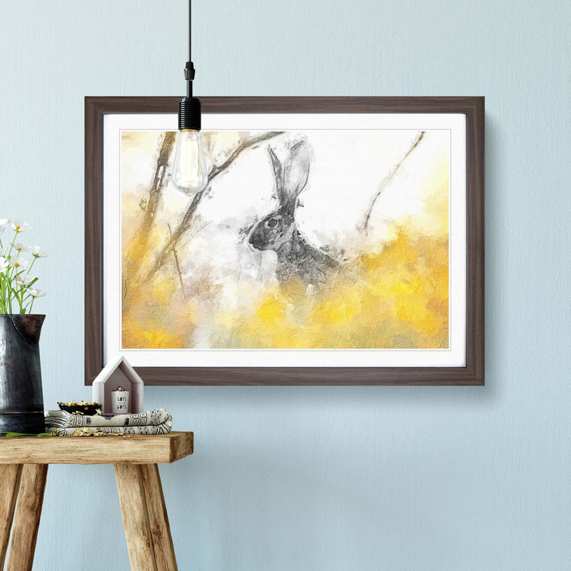 Alert Hare In The Meadow In Abstract - Single Picture Frame Painting, Walnut Framed, 45cm H x 63cm W x 2cm D
