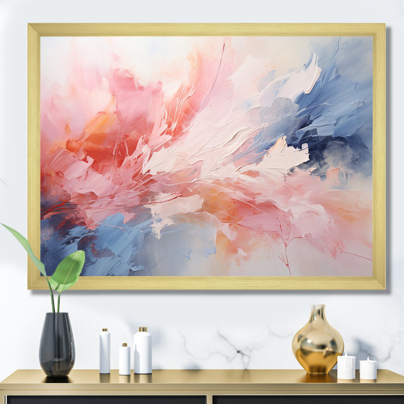Rose et bleu apaisant tourbillons III - peinture abstraite, art mural, Cadre doré à coins fermés, H 12 po x l 20 po x P 1 po