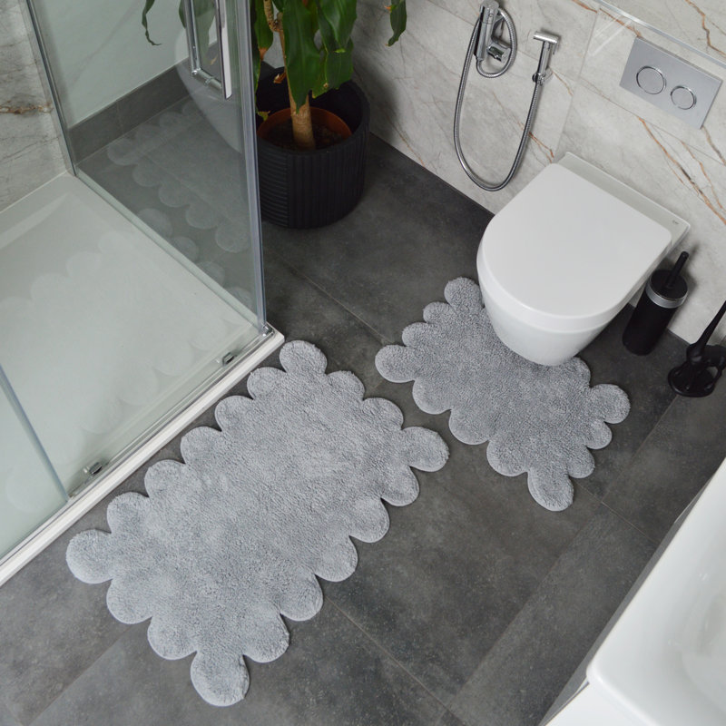 Two Piece Scalloped Bath Mat Set, Grey