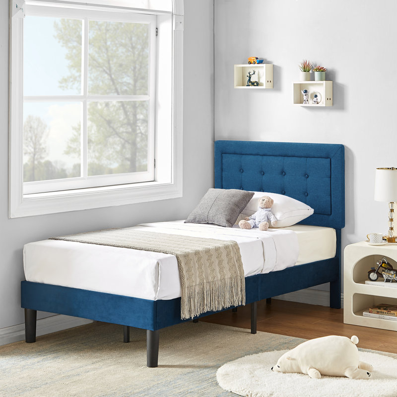Structure de lit simple Kempst, cadre de lit plateforme simple rembourré avec tête de lit capitonnée réglable en hauteur, sommier robuste avec lattes en bois, aucun sommier requis, rangement sous le lit