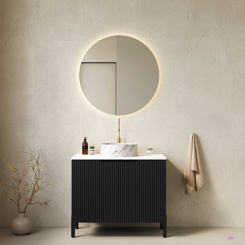 Meuble-lavabo de salle de bain 30 po avec lavabo, meuble de rangement autoportant avec 2 portes, lavabo rond en céramique avec motif en pierre et comptoir de Carrare, sans robinet