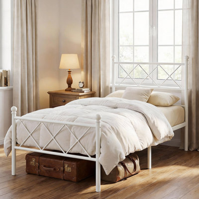 Twin Size White Metal Platform Bed Frame With RGB LED Lights,Charging Station,Heavy Duty,Remote And App Control,Under Bed Storage