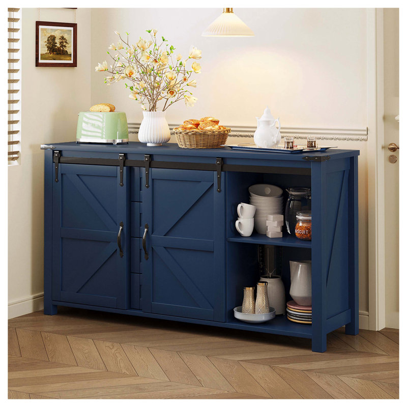 55.1-Inch Sideboard with Storage,Farmhouse Storage Cabinet with Sliding Barn Doors and 4 Drawers, Wood Buffet Table with Power Outlet