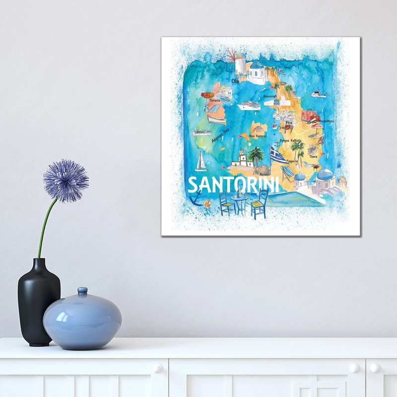 Santorini Greece Illustrated Map With Main Roads Landmarks And Highlights by Markus & Martina Bleichner - Painting on Canvas