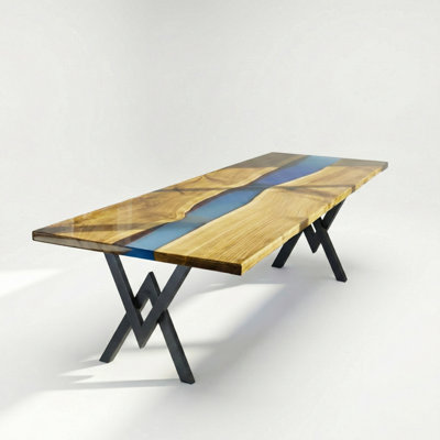 Handcrafted Solid Walnut Double Blue Epoxy Resin River Dining Table with Metal Wakko Base – 72"