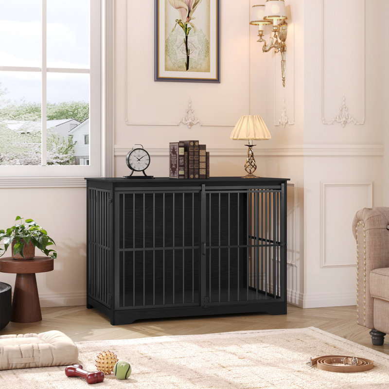 XL Large Dog Crate Furniture, Indoor Dog Kennel Furniture with Barn Door, Wooden Tall Dog Crate, Heavy Duty Dog Cage for Large Dogs, Side End Table, Anti-Chew