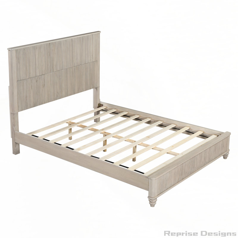 Base de lit en bois massif avec tête de lit haute, Beige, Grand lit