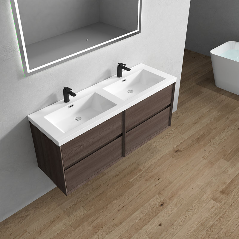 Seavy 59'' Double Bathroom Vanity with Acrylic Top, Red Oak
