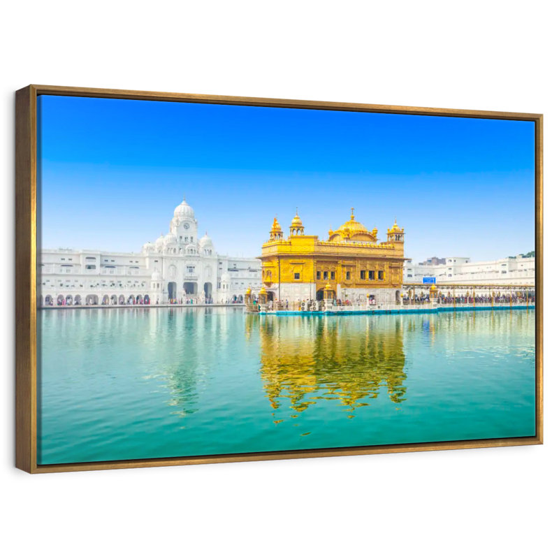 Temple de sri Harmandir, 25 po x 17 po, Cadre flottant doré