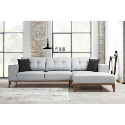 Élégant canapé-lit d'angle, gris clair, 113,4 po x 63,0 po x 33,5 po | Structure en bois de hêtre et en carton, tissu 100% polyester | Lit confortable de 250 po x 34,6 po, coussins en mousse souple | Pieds en noyer, nettoyage à sec, conception moderne