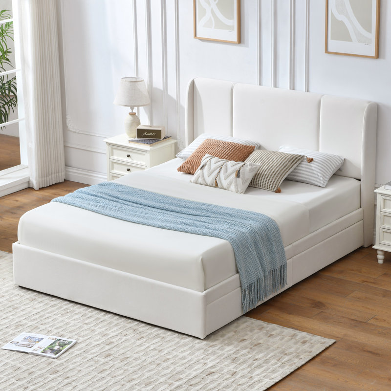 Braya Upholstered Platform Storage Bed With 4 Drawers,White Queen, White, Queen