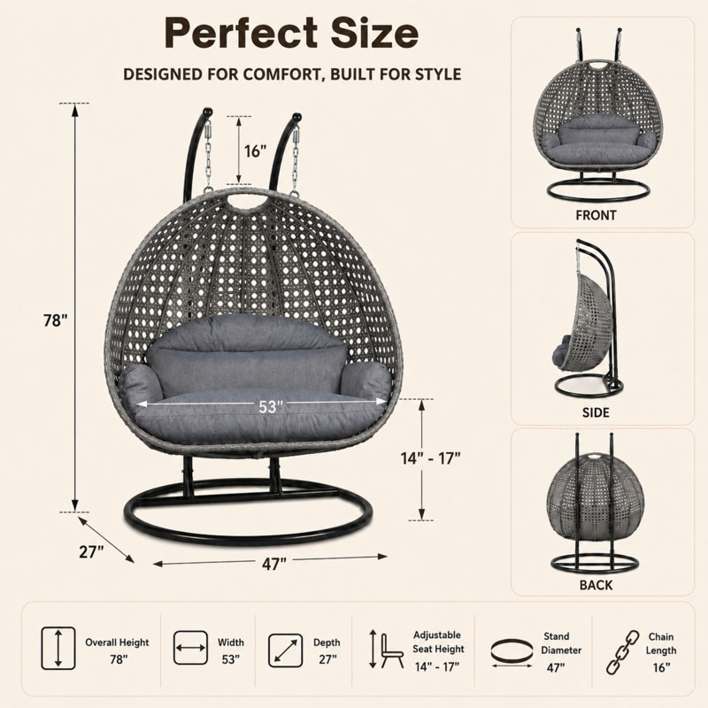 Samaira 2-Person Outdoor Egg Chair with Stand – Extra-Wide Double Hanging Swing Chair with High-Density Cushions & UV-Resistant Wicker for Patio, Backyard, or Indoor Sunroom