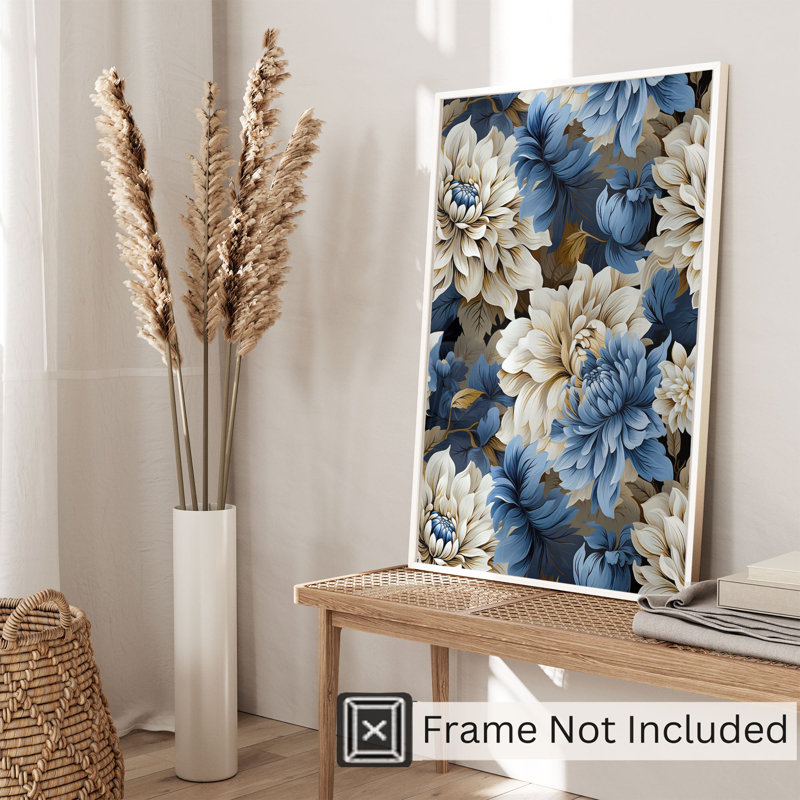 Floral pivoines bleues, impression d'art classique sans cadre, H 36 po x l 24 po