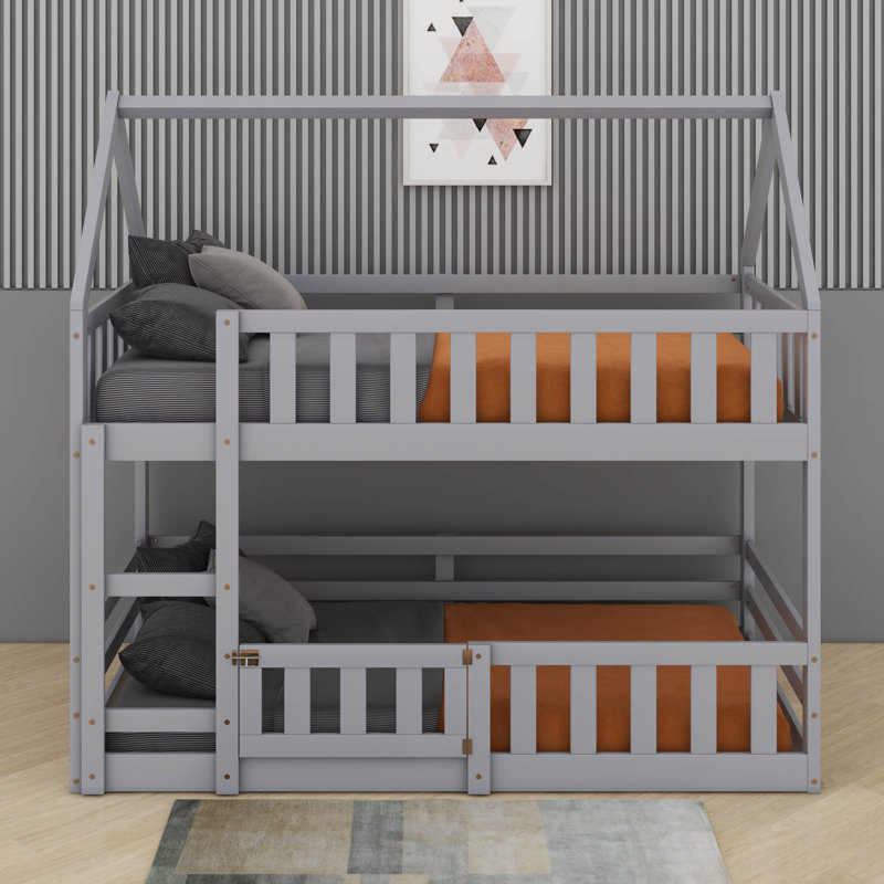 Twin Over Twin House Bunk Bed With Fence, Gray