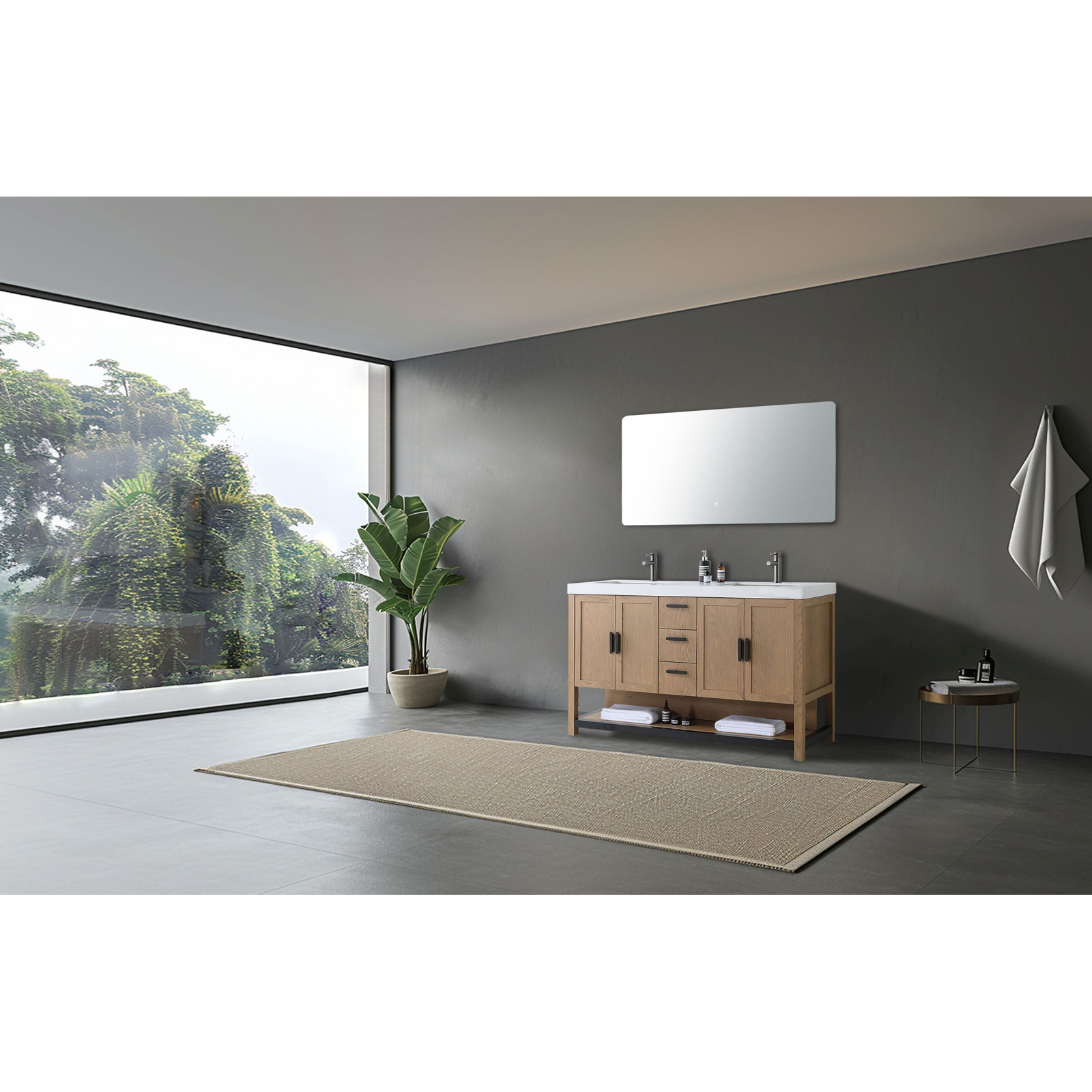 Willard 60" Double Bathroom Vanity, White, Pecan Oak