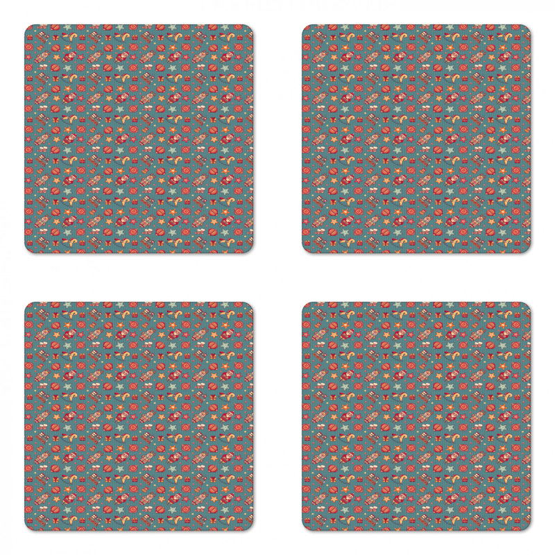 Ensemble de 4 verres de noël ambesonne, composition à la main de noels père noël et renne sur la dame de cœur, sous-verre à panneaux rigides, taille standard, multicolore
