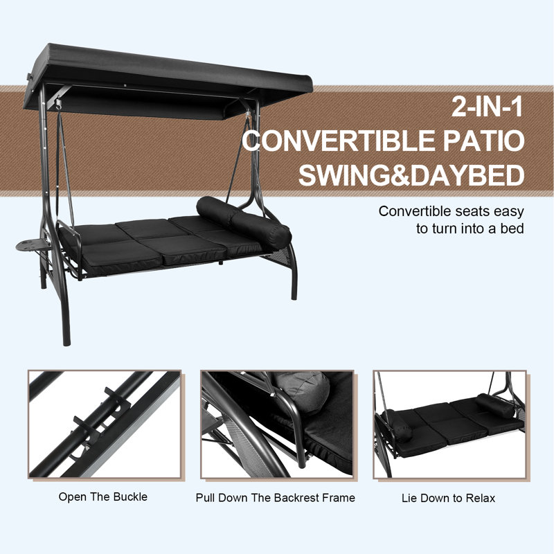 Black Steel 3-Person Outdoor Patio Swing with Adjustable Canopy