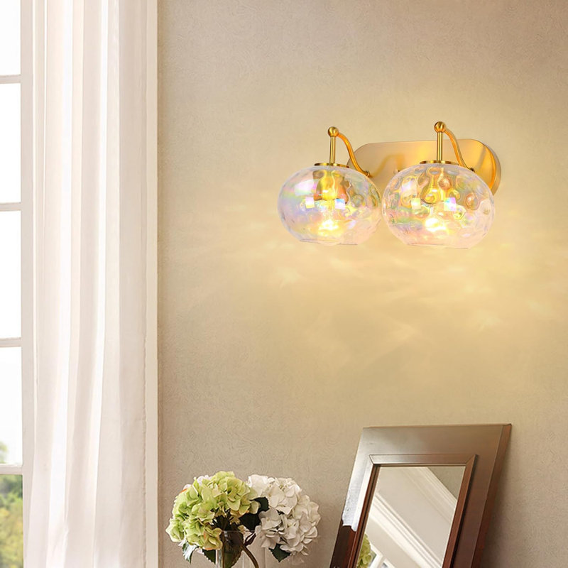 Éclairage pour meuble-lavabo moderne en laiton brossé avec abat-jour en verre martelé, applique murale 2 lumières pour salle de bain, salon, couloir et cage d'escalier