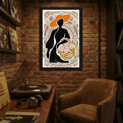 Plantes et fleurs, silhouette d'une femme avec un chapeau et des fleurs