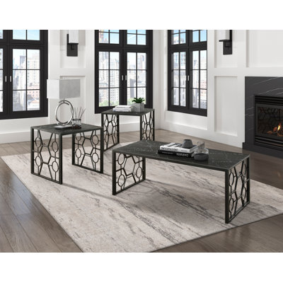 Modern 3-Piece Occasional Table Set Black Cocktail Table End Tables Marble-Print Tempered Glass Top