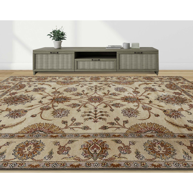 Tapis ivoire et doré de haute qualité noué à la main