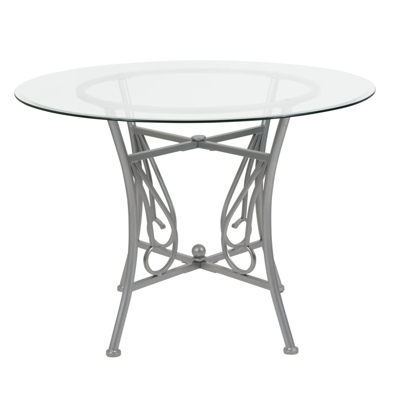 Corkey North 42'' Round Glass Dining Table with Curl Accent Matte Metal Frame, 29" H x 42" L x 42" W, Gold/Clear