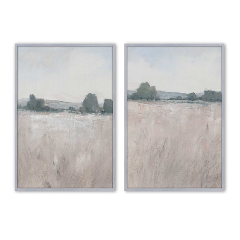 Ensemble de 2 impressions sérénité campagne discrète, Cadre en chrome poli, 11.5" H x 17.5" W x 1.25" D