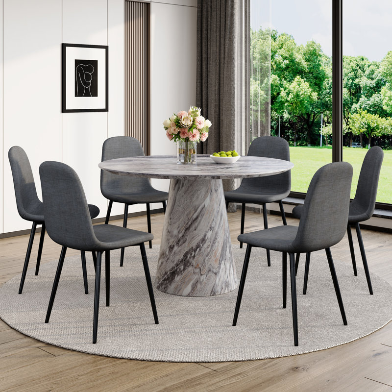 Ensemble de table de salle à manger 45 po avec chaises rembourrées 4/6, 7 pièces : table, 6 chaises, Gris