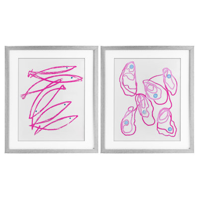 Ensemble de 2 impressions encadrées sous verre Minimal Pink Fish & Oysters, par Lil 'Rue