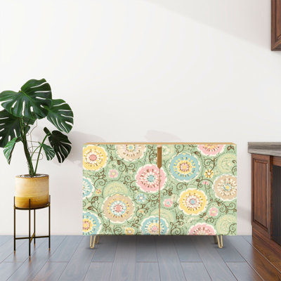 Sideboard Buffet Cabinet with Storage Pastel Floral Mandala Vintage Lace Swirling Vines with 2 Doors for Living Room and Kitchen