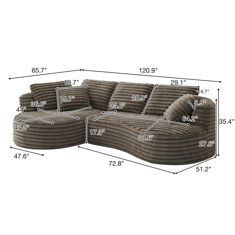 Hartwig 121" Modern Curved Modular Sectional Compression Sofa with Deep Seats and Chaise Lounge, No Assembly Required