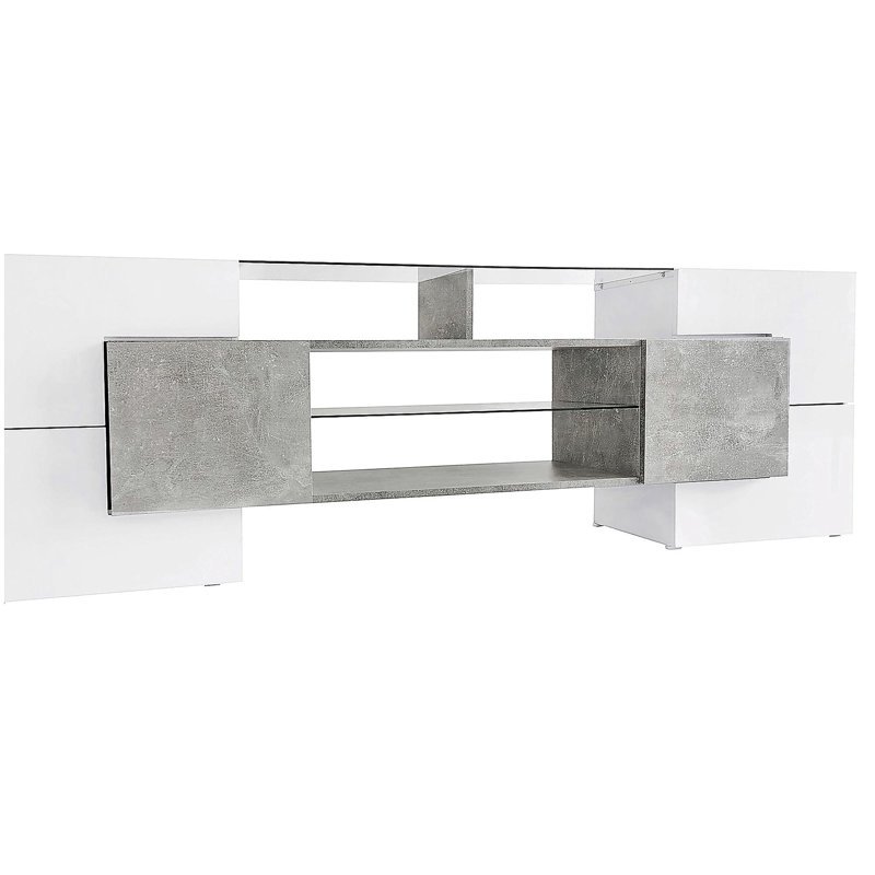 Meuble télé de forme unique avec 2 tablettes en verre éclairées, centre de divertissement ultrabrillant, convenant aux téléviseurs de 88 pouces et moins, meuble télé multifonctionnel avec lumières DEL à changement de couleur, gris