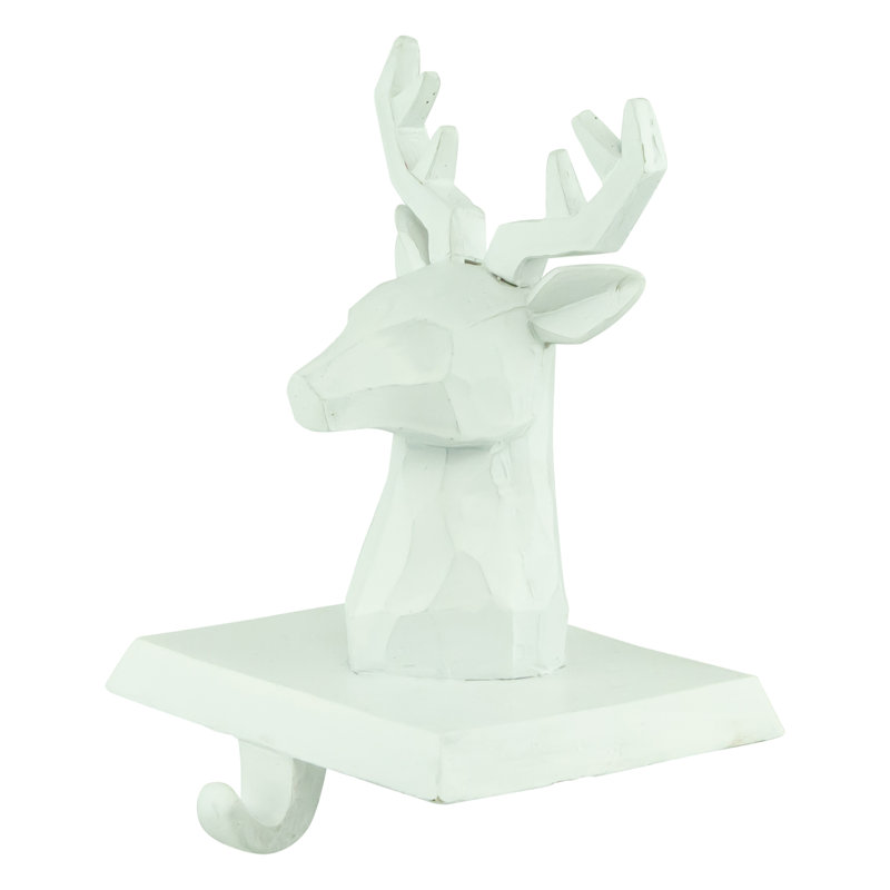 White Hand-Carved Reindeer Head Stocking Holders, Set of 2
