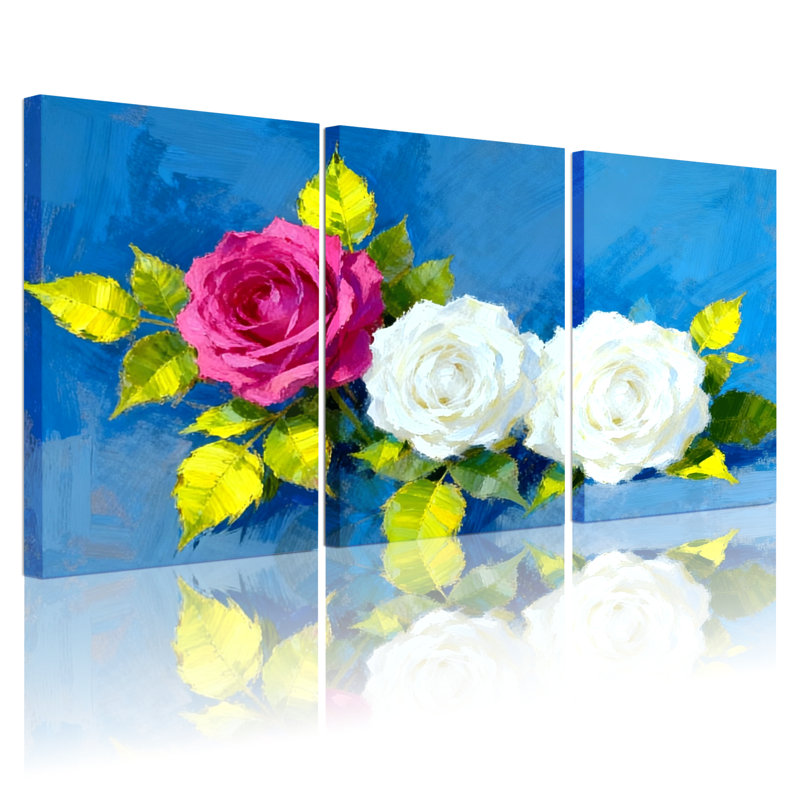 Rose sur fond bleu, ensemble de 3 reproductions d'art sur toile, H 30 po x l 60 po