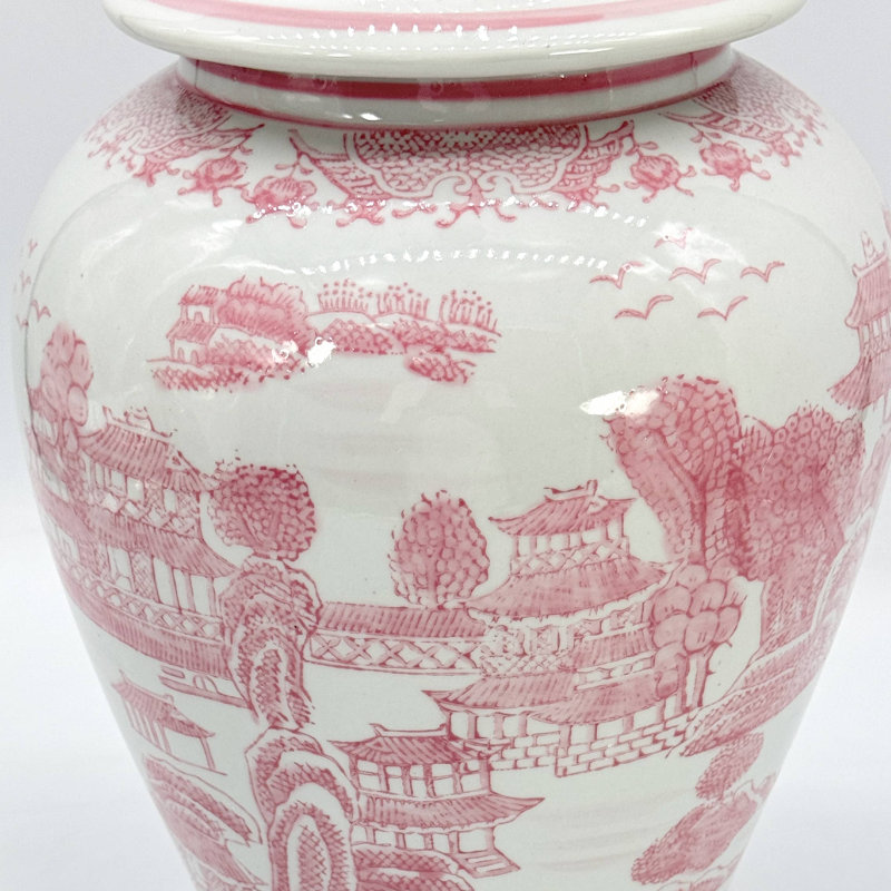 Pot en céramique rose et blanc de style chinoiserie 45,7 cm