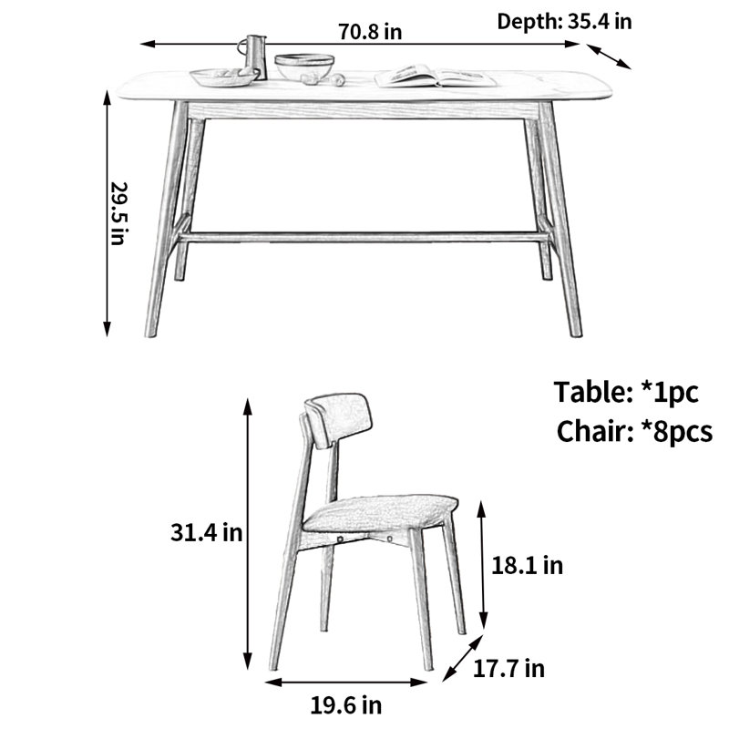 Petite table de salle à manger rectangulaire et chaise, H 29,5 po x L 70,8 po x l 35,4 po