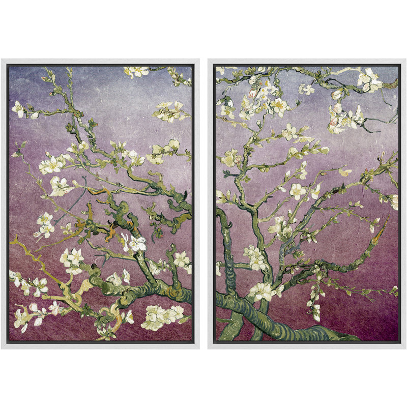 «Amandier en fleurs» par Vincent van Gogh, Dégradé prune poussiéreux, H 36 po x l 48 po x P 1,5 po, Cadre blanc