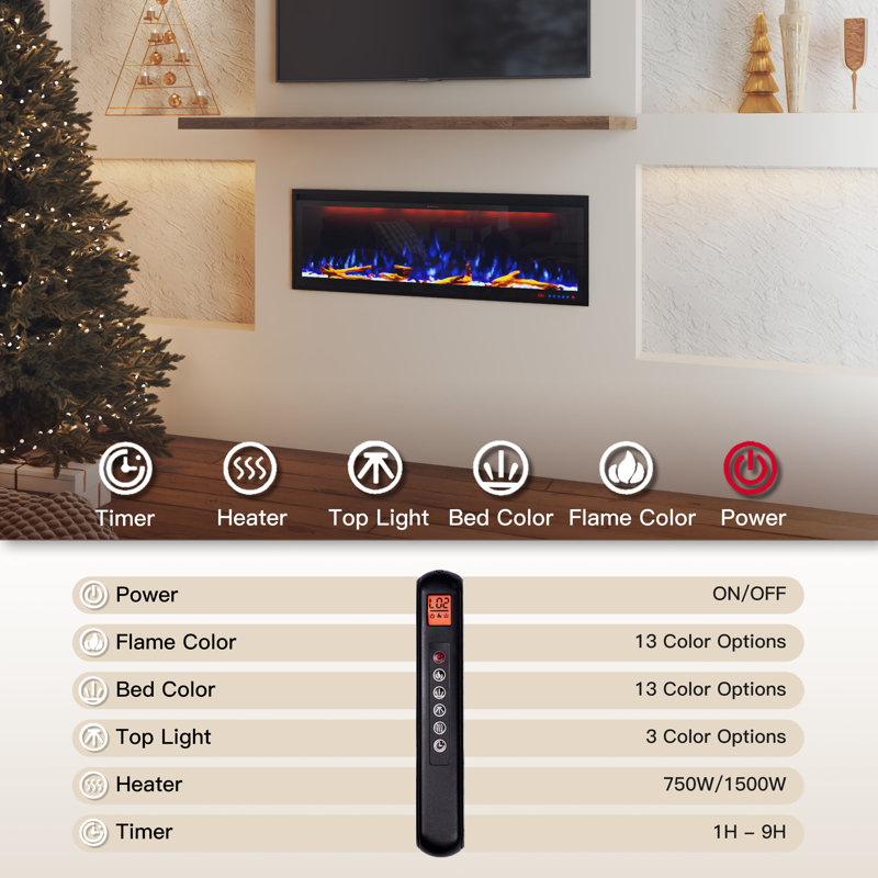 Wall Mounted/Recessed-In Electric Fireplace With Smart WIFI, 17" H x 50" W x 6.3" D