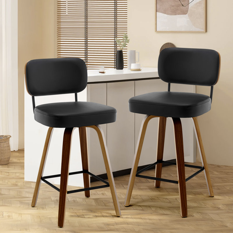 Swivel Bar Stools & Counter Stools Walnut Bentwood & Faux Leather, Black, 2