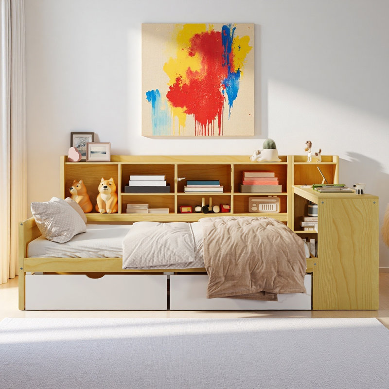 Structure de lit de jour moderne en L multifonctionnel avec bureau d'étude, Jaune, Lit double