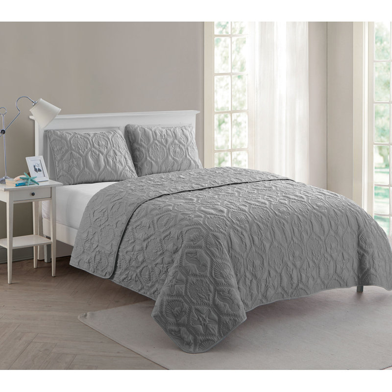 Shore 3-Piece Embossed Quilt Set, Gray, Queen Quilt + 2 Standard Shams