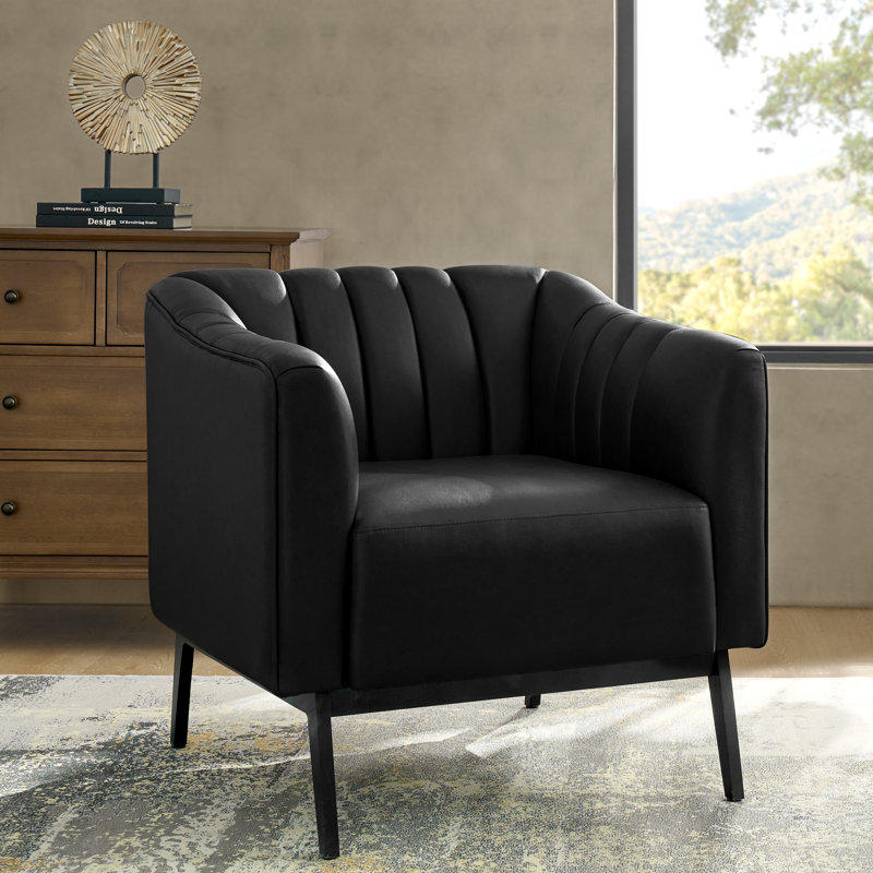 Byanka Industry 27.5" Wide Faux Leather Chair with Channel Tufting and Metal Leg, Black Faux Leather