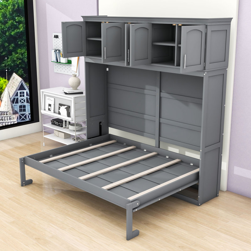 Lit escamotable en bois avec armoires supérieures, conception pliable peu encombrante, Gris, Grand lit
