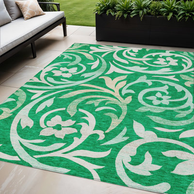 Tapis extérieur lavable floral vert menthe et ivoire 5 pi x 8 pi