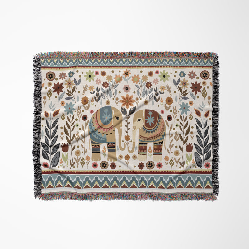 Jeté en mélange de coton Cece Elephant, Beige / bleu / blanc cassé, L 70 po x l 50 po