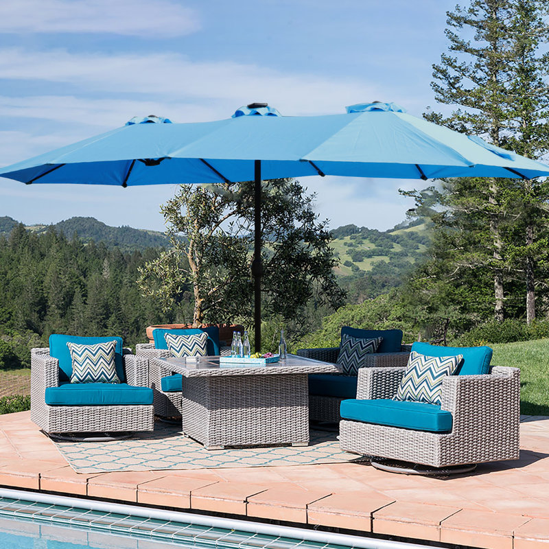 Parasol de construction avec base et construction - Cour arrière bleue