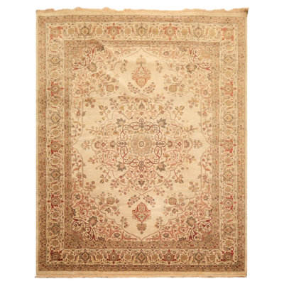 Tapis traditionnel beige en laine noué à la main 7 pi 10 po x 9 pi 9 po Agra